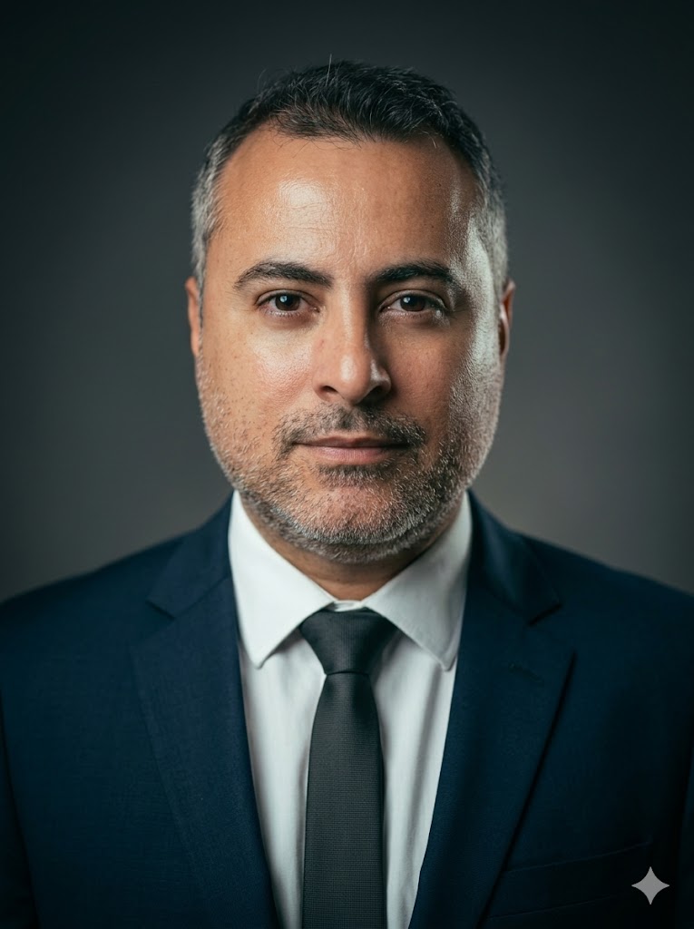 Professional portrait with digital overlay